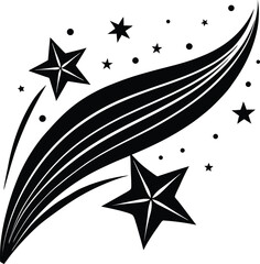 Shooting star vector silhouette with sparkles and curved trail in black abstract cosmic design

