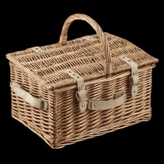 Wicker basket with handle designed for storage and outdoor activities in a natural setting