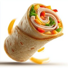Colorful wrap filled with fresh vegetables and turkey slices on a clean background