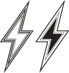 Electric lightning bolt vector icons in black and white with sharp edgy outlines  
