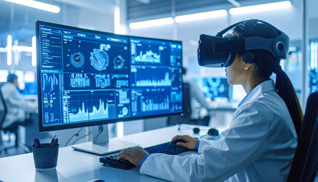 Cutting-Edge Lab: A scientist wearing a VR headset interacts with complex data displayed on a large monitor, exploring innovative technology in a modern laboratory setting. - Powered by Adobe