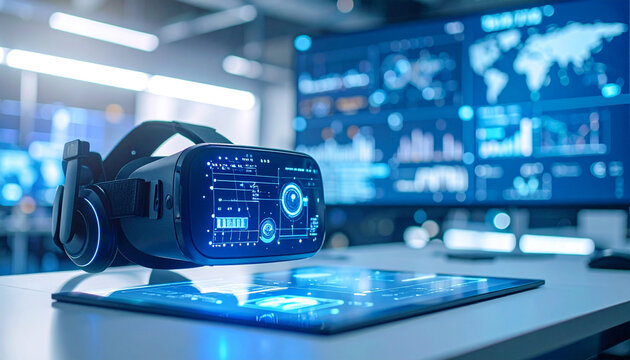 VR Headset & Advanced Interface: An immersive scene of a VR headset and tablet lies on a table with intricate screens displaying a cutting-edge interface.
