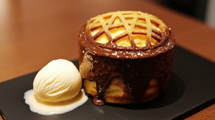 Golden sugar lattice structure crown decorating chocolate dessert with vanilla ice cream on slate plate at fine dining restaurant
