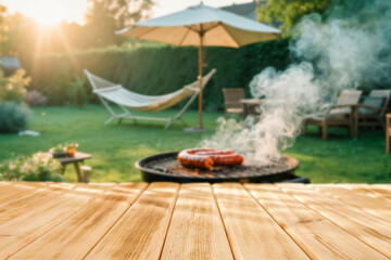 Empty wooden table with copy space for product or text placement and blurred barbecue grill on the...