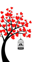 A tree with red heart leaves birds in a cage transparent background