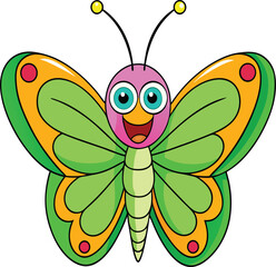 Colorful cartoon butterfly vector with happy face and vibrant wings in cute insect illustration
