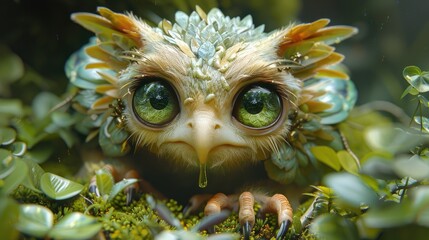 Close-up of a Cute, Moss-Covered Forest Guardian Creature with Horns