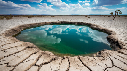 Fototapeta premium Desert oasis reflects clouds in cracked earth landscape