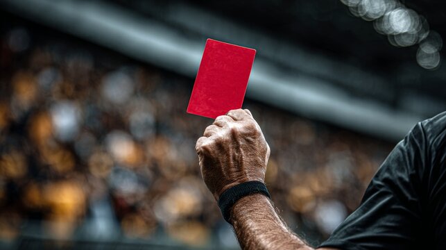 Male referee holding red card in soccer stadium