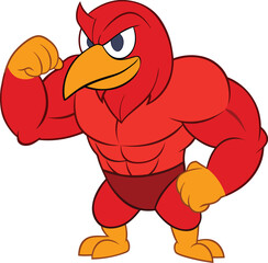 Muscular cartoon bird character vector with strong body and flex pose for mascot or sport design use  
