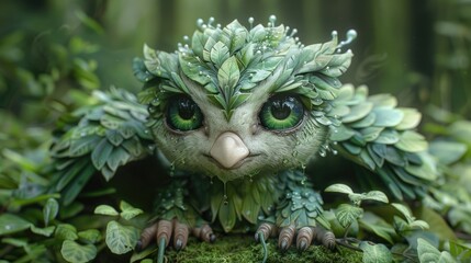 Close-up of a Cute, Moss-Covered Forest Guardian Creature with Horns
