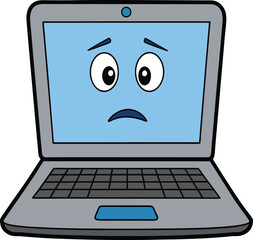 Sad cartoon laptop vector with worried face expression blue screen and simple digital device art
