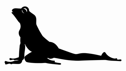 Silhouette of a frog in a yoga pose with its head up and one leg extended behind it on white background