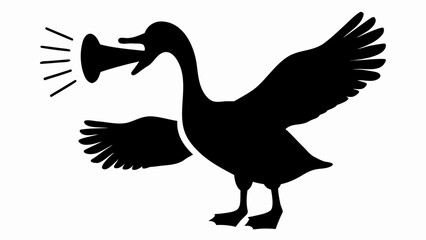 Silhouette of a goose with outstretched wings holding a megaphone in its beak making an announcement