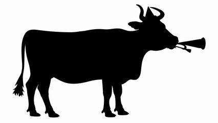 Silhouette of a cow holding a trumpet in its mouth standing on a white background in a vector image