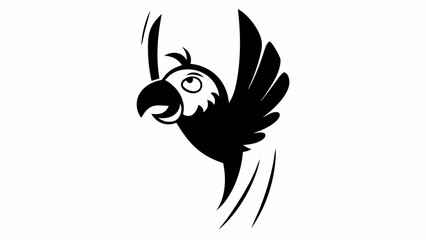 Illustration of a black and white cartoon parrot flying with its wings spread wide and open beak shown