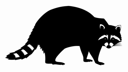 A black and white silhouette of a raccoon standing with its striped tail visible on a white background