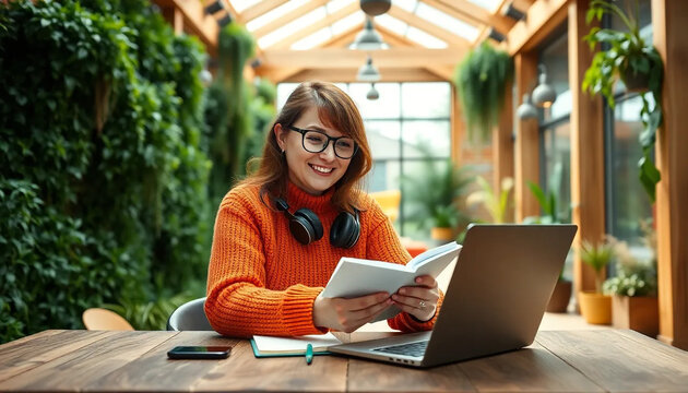 Smiling woman with glasses wearing an orange sweater and headphones studies in a sunlit conservatory