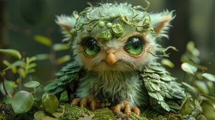 Close-up of a Cute, Moss-Covered Forest Guardian Creature with Horns