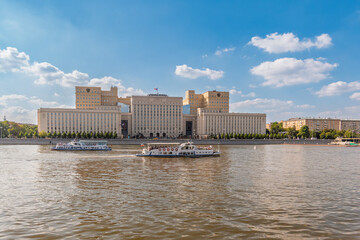 View of the Ministry of Defence of Russian Federation, and Moscow river embakment with cruise ships...