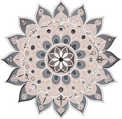 Decorative mandala vector with floral patterns soft beige tones and intricate circular artwork style
