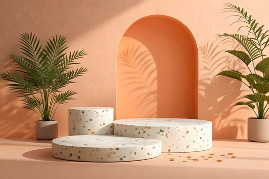 Terrazzo display podiums with tropical plants, peach background, soft sunlight, minimalist aesthetic.