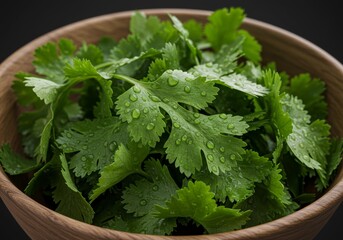 Fresh Cilantro Leaves in Wooden Bowl - Vibrant Green Herb