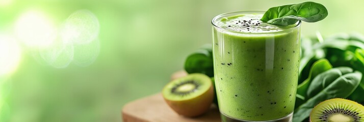 Glass of green smoothie with spinach and kiwi, 3:1 banner image for health blog or wellness website, soft green color palette, copy space on left for text placement