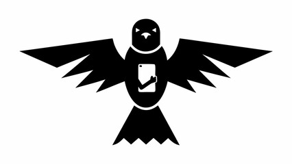 Illustration of a black bird holding a phone with outstretched wings on a white background design element