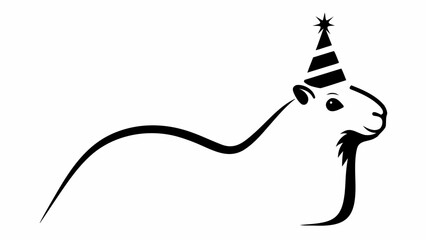 Illustration of a groundhog wearing a party hat with a star on top in black and white design style