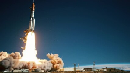 Powerful rocket launch from a spaceport with earth visible in the background - Powered by Adobe