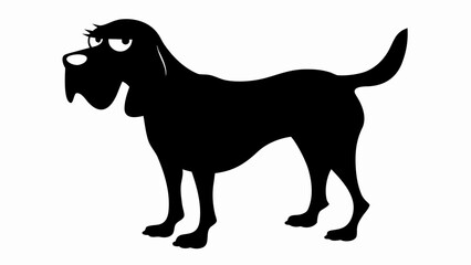 Silhouette of a cartoon dog with a beard and eyelashes standing on a white background looking grumpy