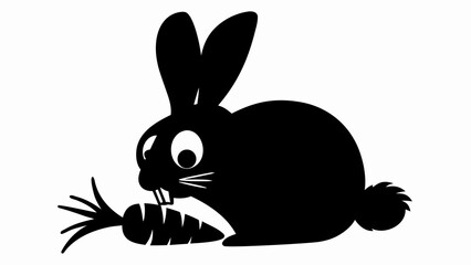 Silhouette of a rabbit eating a carrot with large ears and a fluffy tail on a white background art