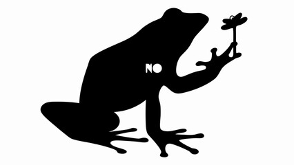 Silhouette of a frog holding a flower with the word no on its body in a black and white design