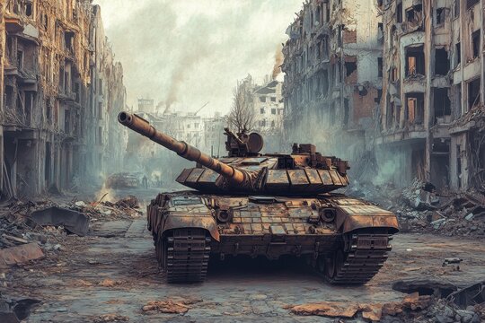 Tank advances through a desolate cityscape marked by destruction and chaos, tank in the middle of ruined city warfare ing video background illustration