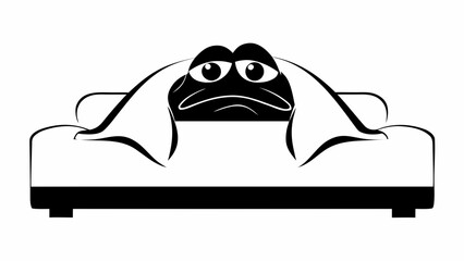 A sad frog is lying on a white couch with a white blanket in a black and white illustration style