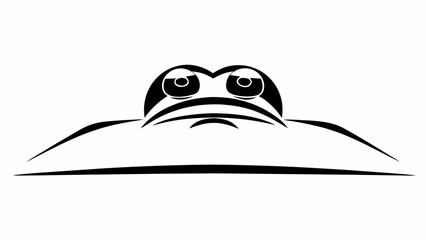 Black and white illustration of a frog peeking out of the water with large expressive eyes design
