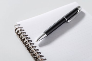A blank notepad with a plain black gel pen, isolated on a clean white background. Note-taking, ideas.