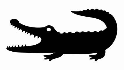 Silhouette of an alligator with its mouth open showing sharp teeth and a curled tail in black color