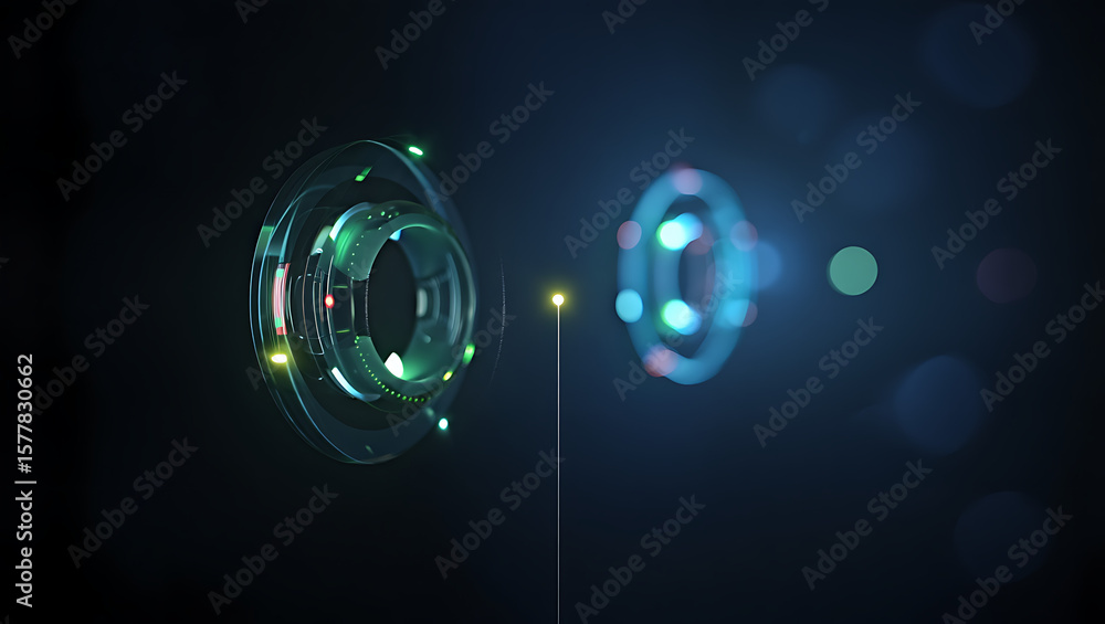 Aufkleber a futuristic camera lens with glowing elements showcases optical technology and digital imaging in a