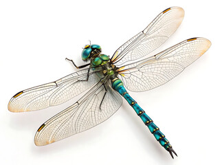 A detailed close up shot of a dragonfly with transparent wings on a plain white background surface