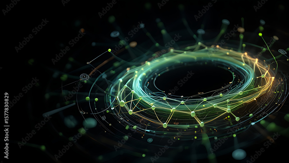 Poster a mesmerizing abstract design features a glowing circular network with interconnected dots, symboliz