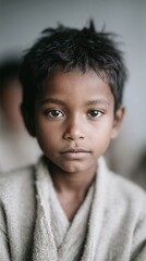 Obraz premium Young boy with serious expression wearing robe indoors