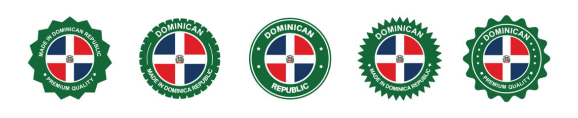 dominican republic product label set. dominica flag, premium made in dominica . Labels, seals, stamps, flags, icons