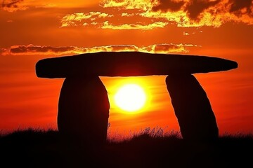 Sunrise illuminates Poulnabrone dolmen against a vibrant sky in Ireland, The sun rising behind the silhouette of the Poulnabrone Dolmen in the Burren, County Clare, Ireland