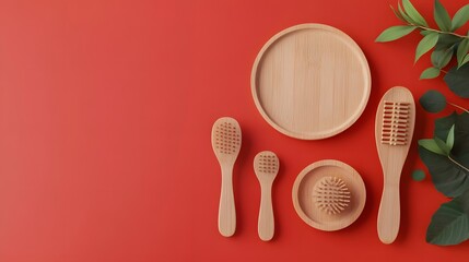 Eco Friendly Bamboo Bath Set on Red Background