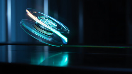 A futuristic spinning disk emits a vibrant glow, representing advanced technology and highspeed digital processes
