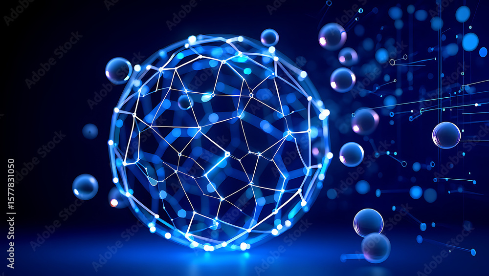 Aufkleber a glowing blue sphere composed of interconnected lines and nodes represents a complex network, symbo