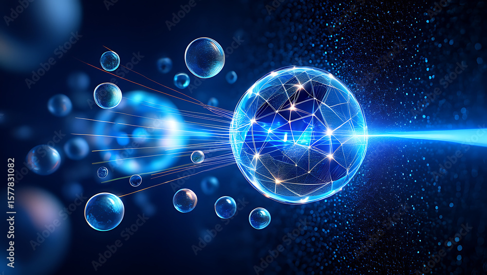 Poster a glowing sphere with interconnected lines and surrounding bubbles symbolizes the flow of data and e