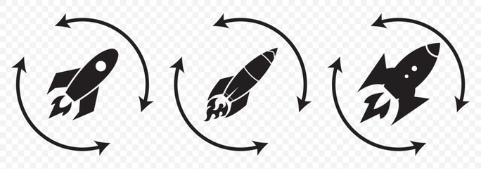 Startup icon line art, vector set. Rocket icon. Rocket launched icon vector. Set of rocket vector icons. Launch spaceship or spacecraft. Rocket fast flying for space. New business start up. EPS 10.